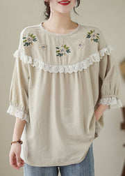 Italian Beige Embroideried Lace Patchwork Cotton T Shirt Tops Summer