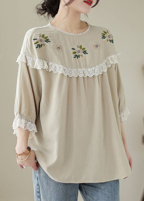 Italian Beige Embroideried Lace Patchwork Cotton T Shirt Tops Summer