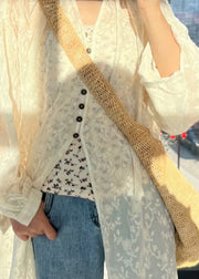 Italian Beige Hollow Out Embroideried Patchwork Lace Cardigan Fall