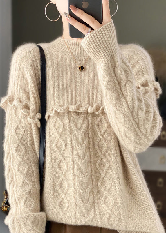 Italian Beige O Neck Ruffled Patchwork Woolen Knit Sweater Spring