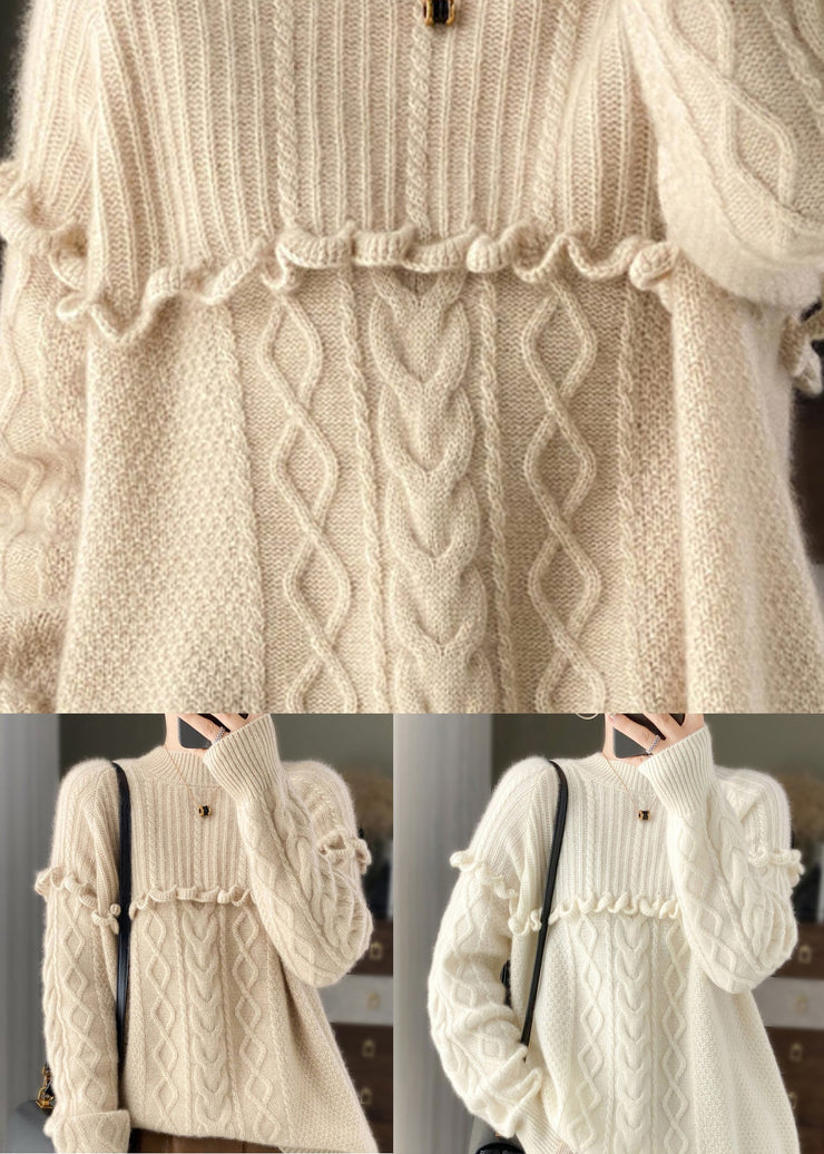 Italian Beige O Neck Ruffled Patchwork Woolen Knit Sweater Spring