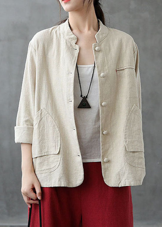 Italian Beige Stand Collar Pockets Patchwork Linen Coats Spring