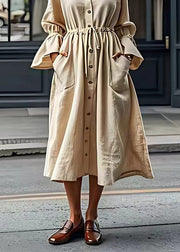 Italian Beige V Neck Drawstring Cotton Long Dress Flare Sleeve