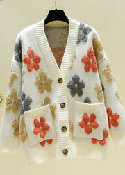 Italian Beige V Neck Embroideried Floral Cozy Knit Cardigans Fall