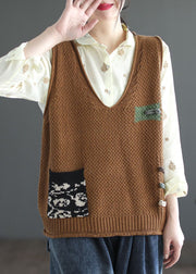 Italian Beige V Neck Patchwork Cozy Cotton Knit Waistcoat Sleeveless