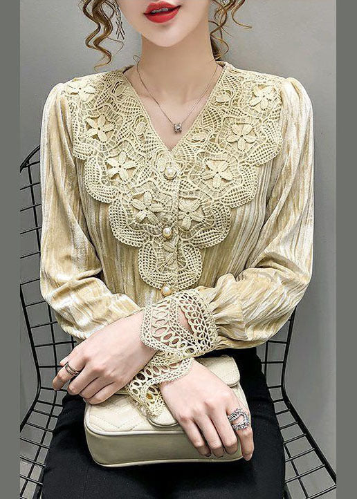 Italian Beige V Neck Patchwork Silk Velour Blouses Long Sleeve