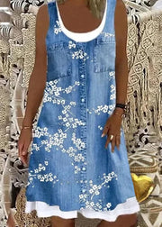 Italian Bird Print False Two Pieces Denim Mid Dress Sleeveless