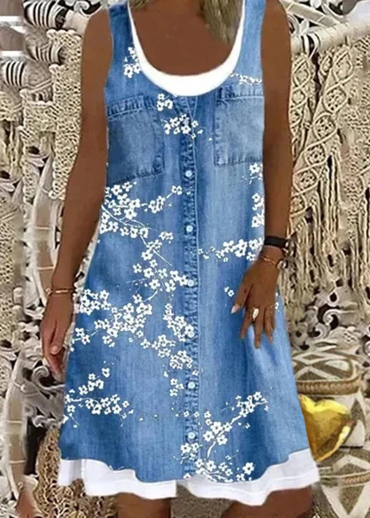 Italian Bird Print False Two Pieces Denim Mid Dress Sleeveless