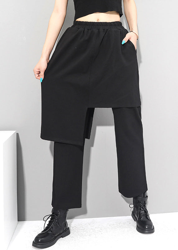 Italian Black Asymmetrical Pockets Elastic Waist Cotton Pants Skirt Fall