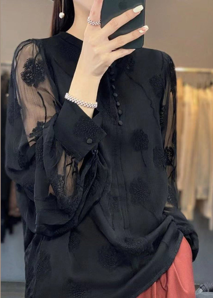 Italian Black Embroidered Button Chiffon Shirt Long Sleeve