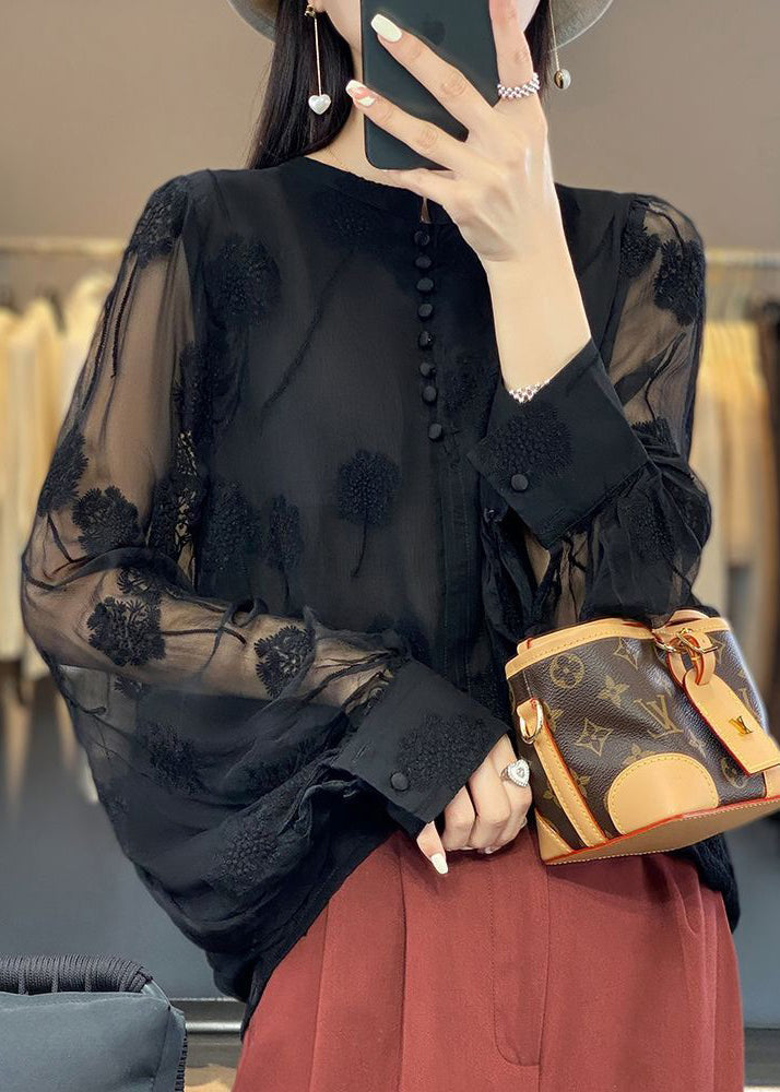 Italian Black Embroidered Button Chiffon Shirt Long Sleeve