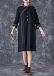 Italian Black Embroideried Chinese Button Linen Dress Fall