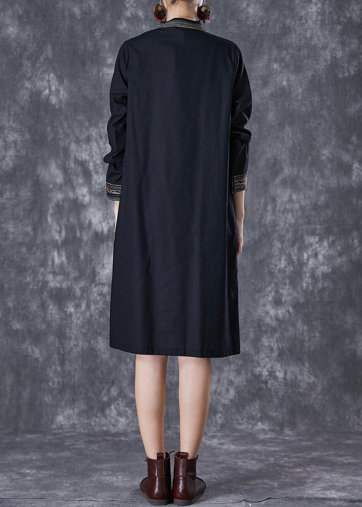 Italian Black Embroideried Chinese Button Linen Dress Fall