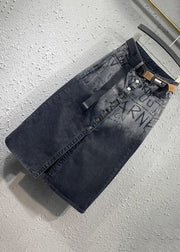 Italian Black Graphic Pockets Front Open Patchwork Denim Skirts Fall