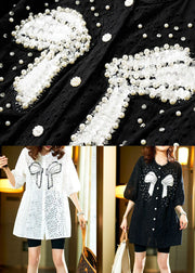 Italian Black Hollow Out Nail Bead Patchwork Cotton Shirt Top Summer