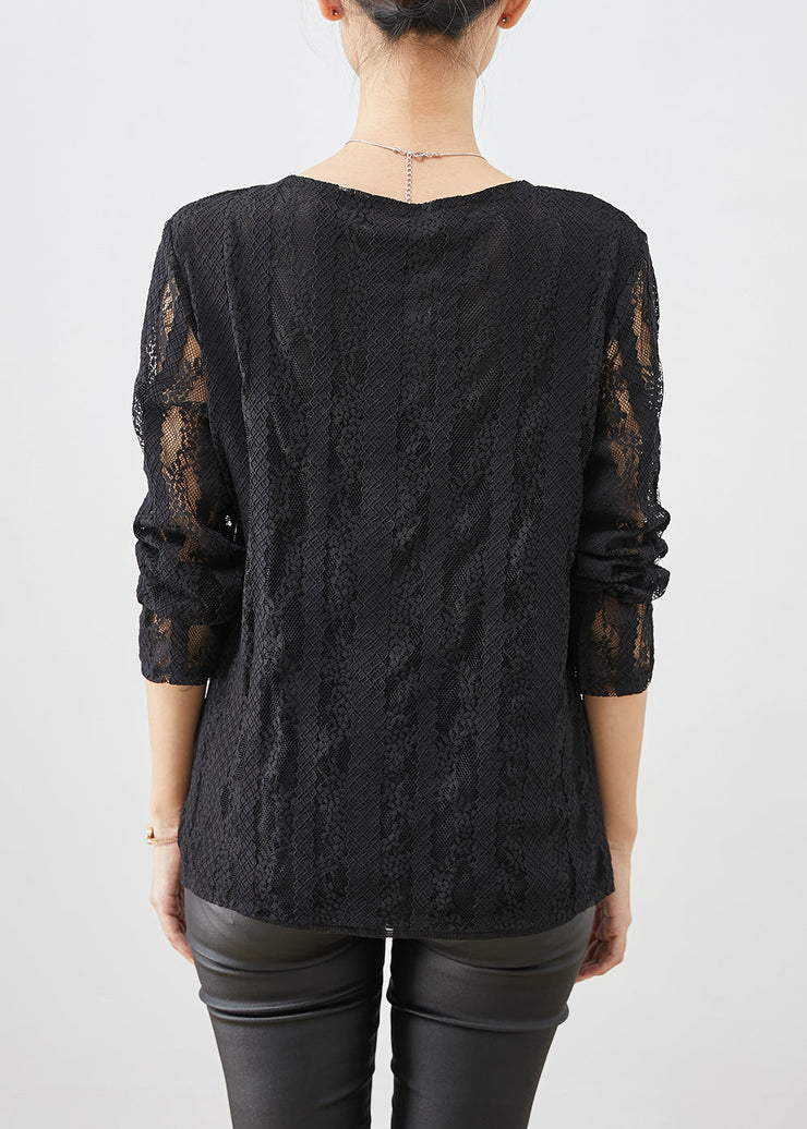 Italian Black Hollow Out Warm Fleece Lace Tops Fall