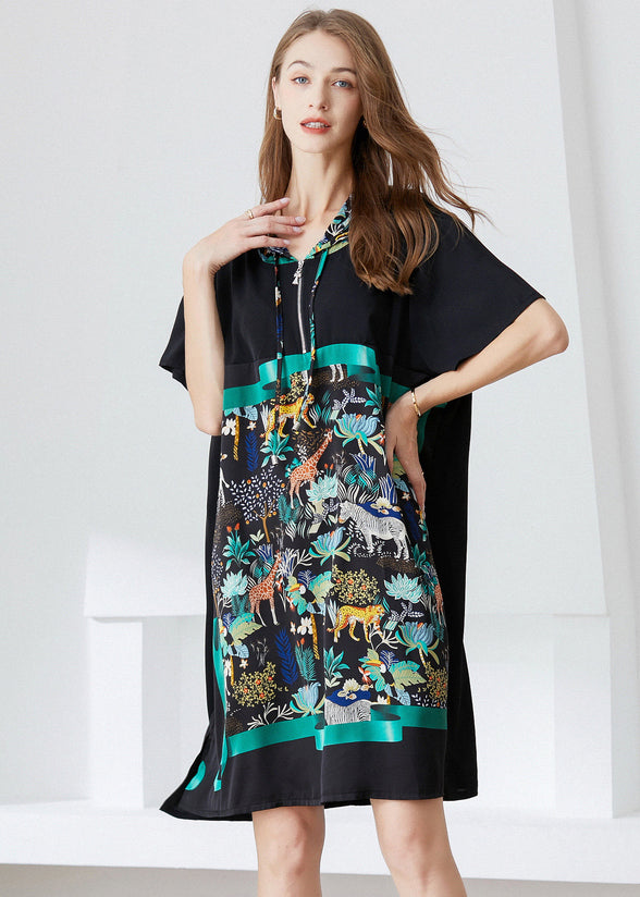 Italian Black Hooded Patchwork Print Chiffon Dress Summer