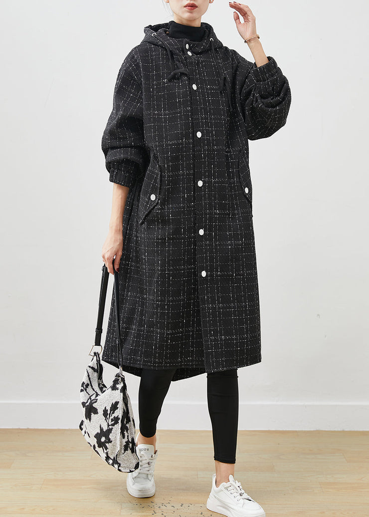 Italian Black Hooded Plaid Woolen Coat Outwear Spring