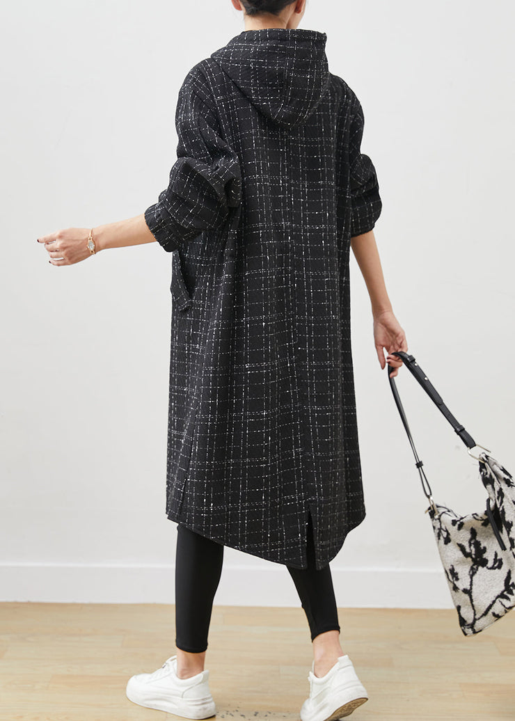 Italian Black Hooded Plaid Woolen Coat Outwear Spring