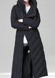 Italian Black Hooded Zippered Tie Waist Duck Down Down Coat Long Sleeve