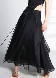 Italian Black Lace Up High Waist Tulle Skirt Summer