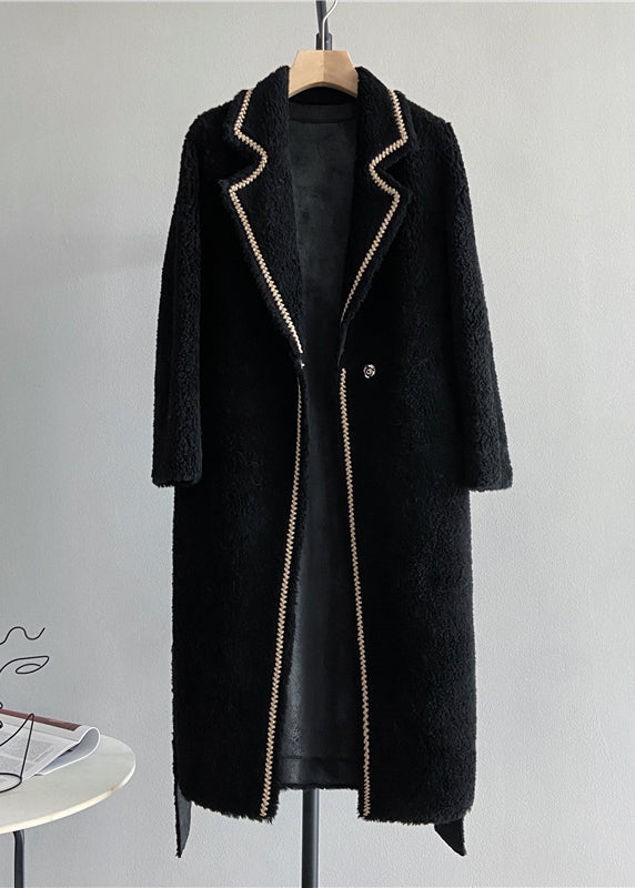 Italian Black Notched Pockets Tie Waist Woolen Coat Winter