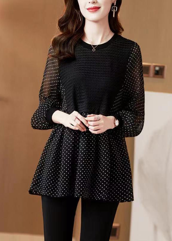 Italian Black O Neck Dot Print Patchwork Chiffon Shirt Fall