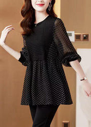 Italian Black O Neck Dot Print Patchwork Chiffon Shirt Fall