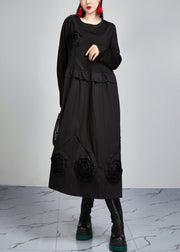 Italian Black O Neck Pockets Patchwork Cotton Dress Long Sleeve