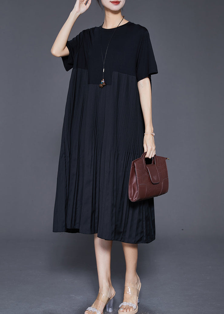 Italian Black Oversized Patchwork Wrinkled Long Dresses Summer