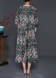 Italian Black Oversized Print Silk Maxi Dresses Summer