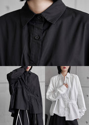 Italian Black Peter Pan Collar Wrinkled Button Cotton Shirt Long Sleeve