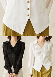 Italian Black Peter Pan Collar Wrinkled Patchwork Shirt Tops Long Sleeve