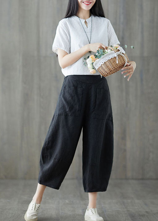 Italian Black Pockets Elastic Waist Patchwork Linen Crop Pants Summer