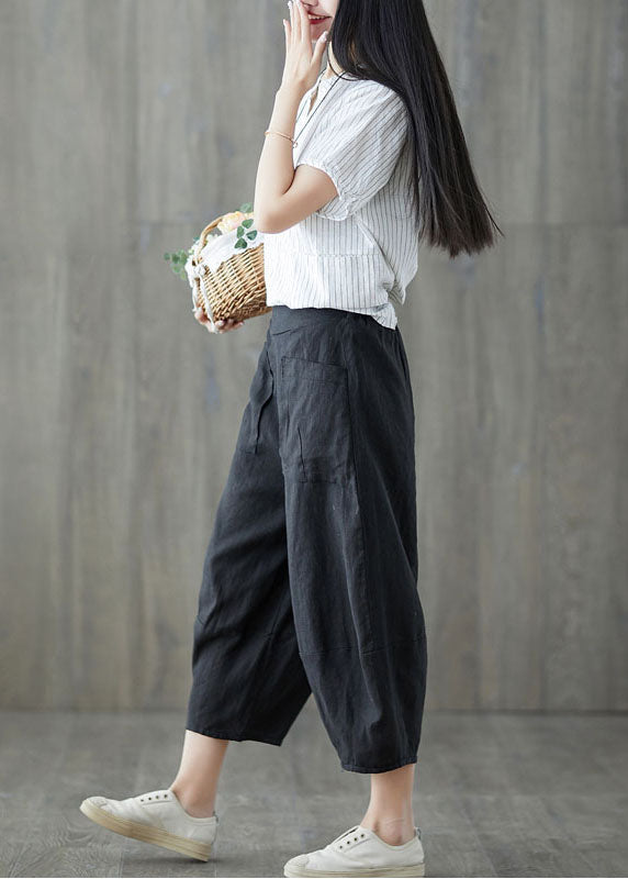 Italian Black Pockets Elastic Waist Patchwork Linen Crop Pants Summer