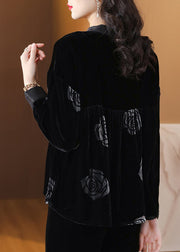 Italian Black Print Lace Up Silk Velour Shirts Top Spring