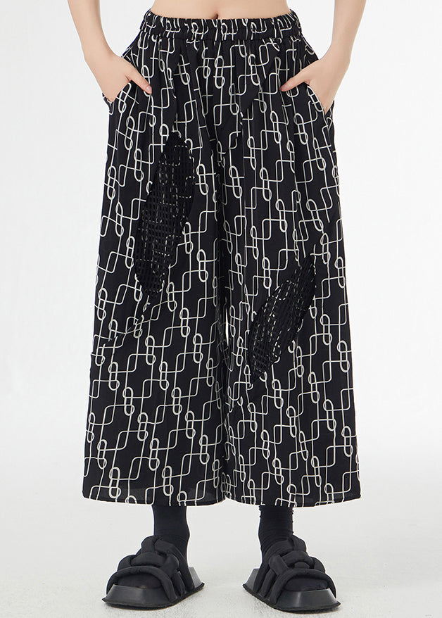 Italian Black Print Pockets Patchwork Silk Cotton Wide Leg Pants Summer