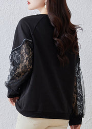 Italian Black Print Tulle Patchwork Sweatshirts Top Fall