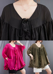 Italian Black Ruffled Lace Up Cotton Shirt Top Lantern Sleeve