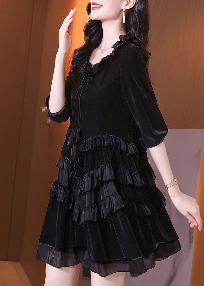 Italian Black Ruffled Lace Up Patchwork Velour Mid Dress Half Sleeve