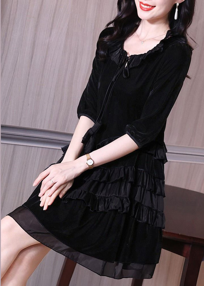 Italian Black Ruffled Lace Up Patchwork Velour Mid Dress Half Sleeve