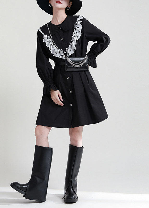 Italian Black Ruffled Patchwork Cotton Shirt Dresses Fall