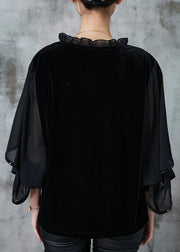 Italian Black Ruffled Patchwork Silk Velour Top Cloak Sleeves