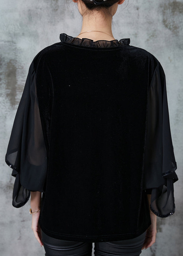 Italian Black Ruffled Patchwork Silk Velour Top Cloak Sleeves