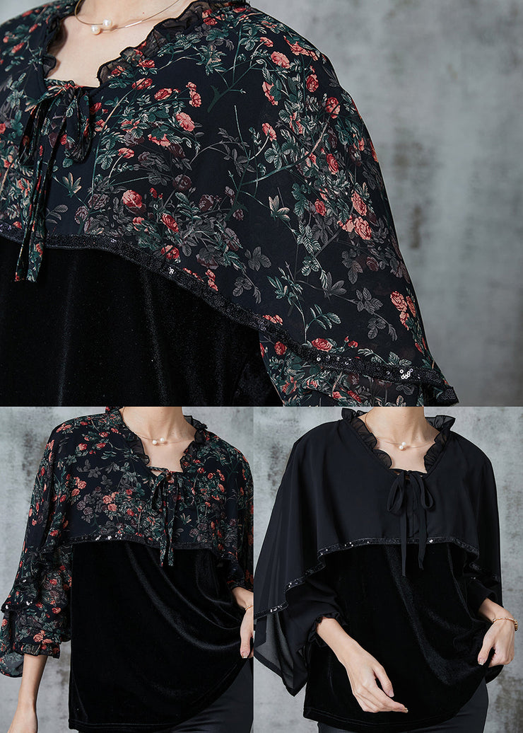 Italian Black Ruffled Patchwork Silk Velour Top Cloak Sleeves