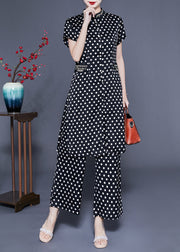 Italian Black Stand Collar Dot Print Side Open Silk Two Pieces Set Summer