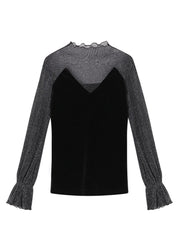 Italian Black Stand Collar Lace Patchwork Velour Tops Bottoming Shirt