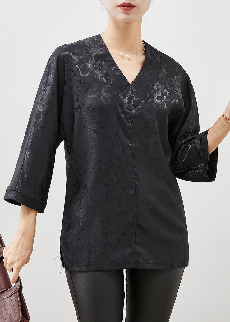 Italian Black V Neck Jacquard Silk Shirts Bracelet Sleeve