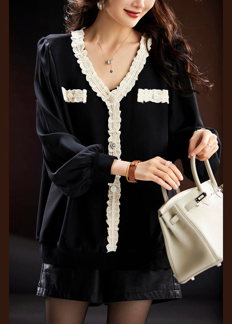 Italian Black V Neck Lace Patchwork Chiffon Tops Spring