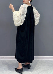 Italian Black V Neck Lace Patchwork Velour Long Dress Fall